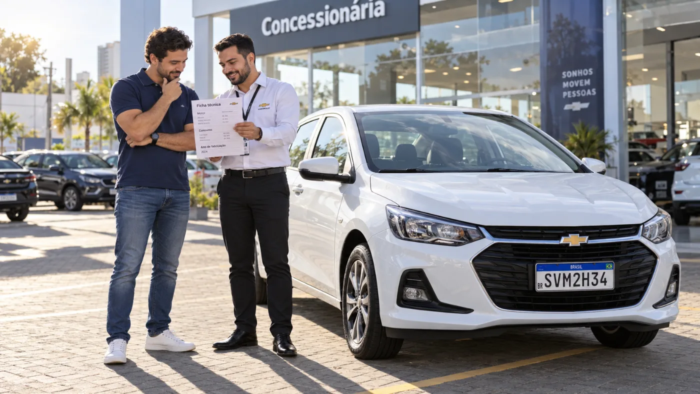 Motorista conferindo a ficha técnica de um sedan compacto branco novo com o vendedor em uma concessionária
