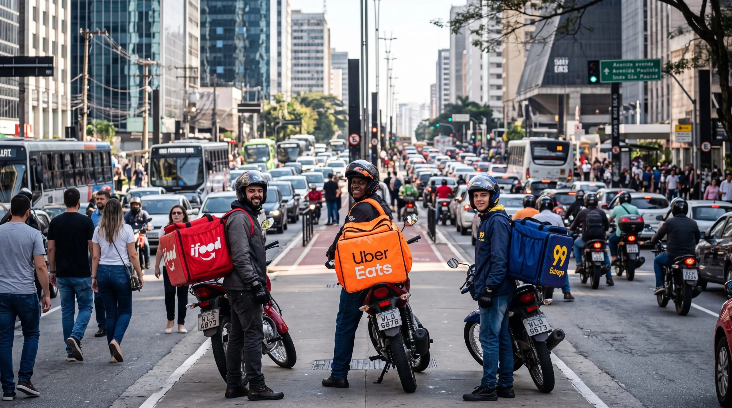 Três motoboys com bags de cores diferentes em avenida movimentada