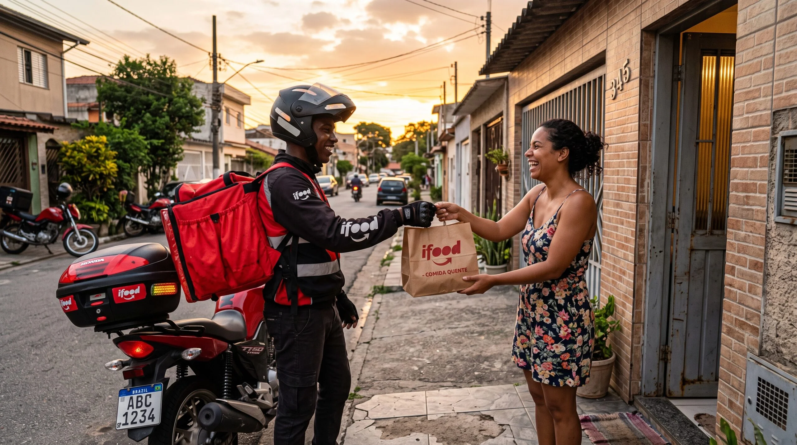 Motoboy entregando pedido iFood ao cliente