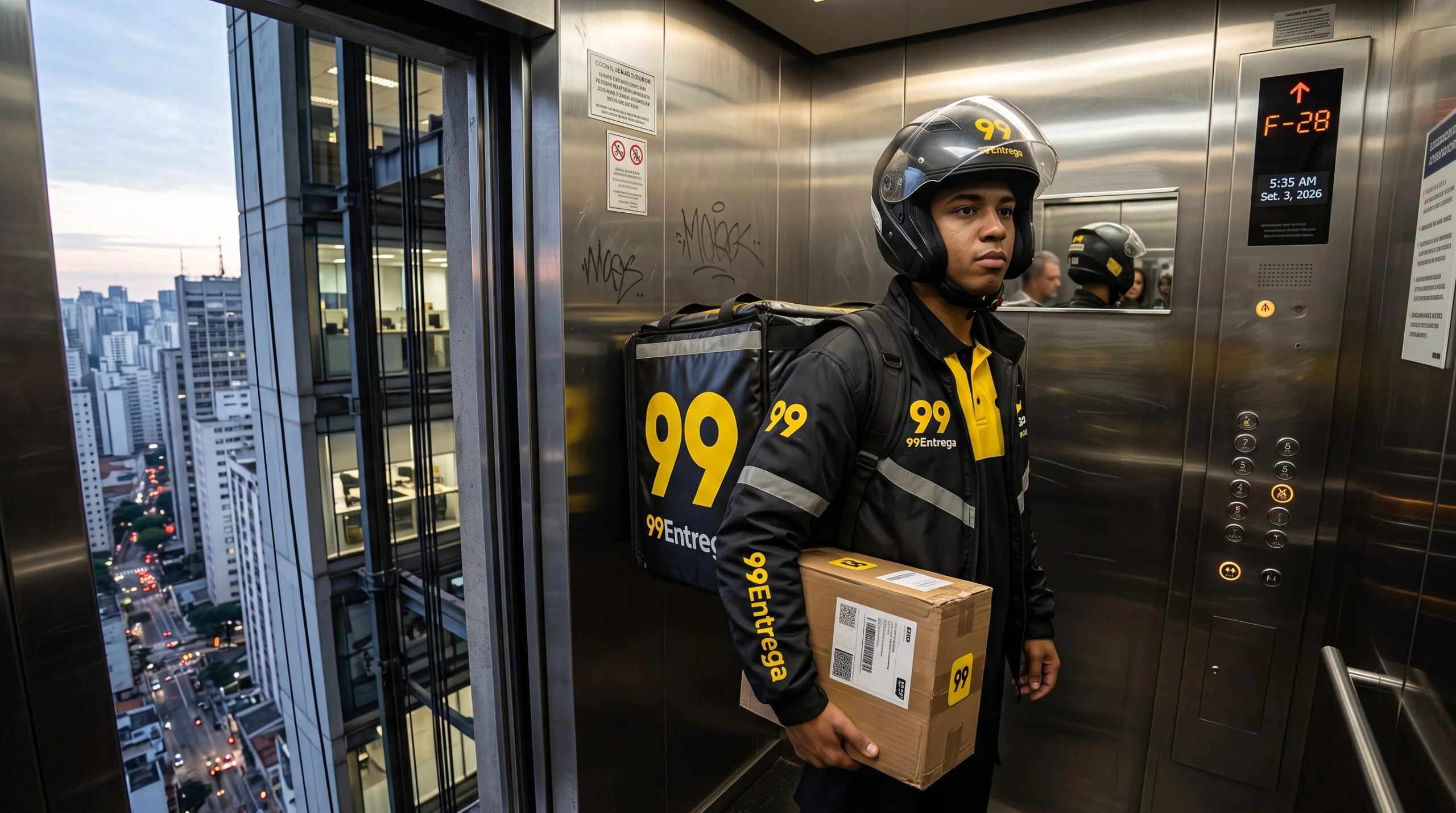 Motoboy com bag 99 subindo em elevador de prédio comercial